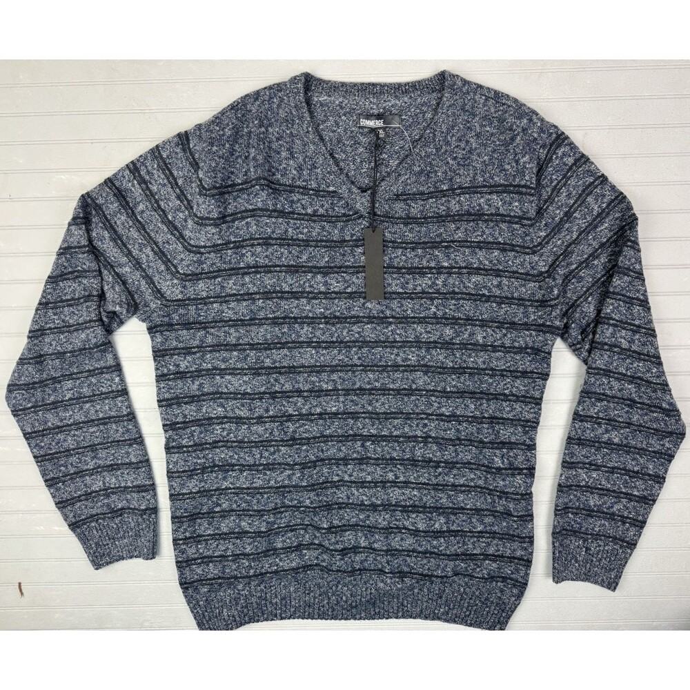 Commerce Size XXL Mens Sweater Blue Stripe V Neck Rib Hem Cuffs Pullover